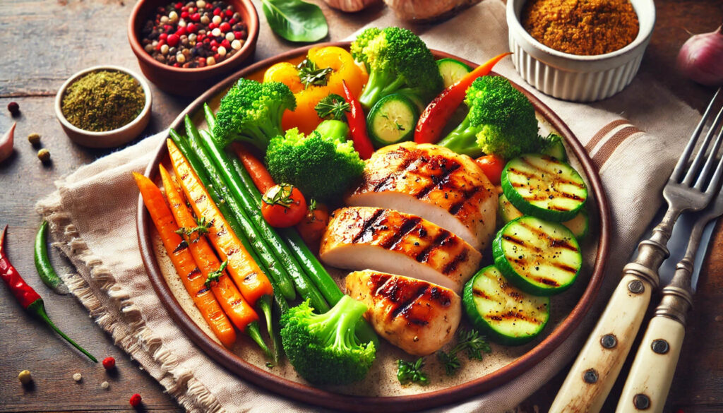 Gegrilltes Hähnchen mit gedünstetem Gemüse
