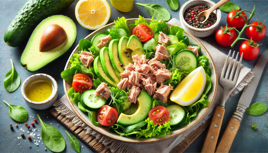 Salat mit Thunfisch, Avocado und etwas Zitronensaft