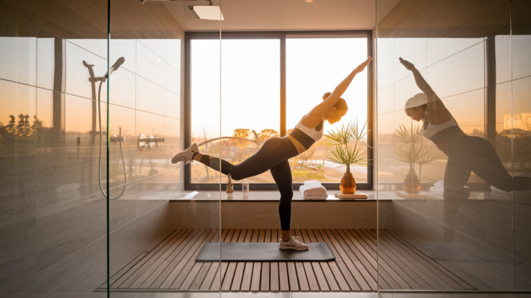 Workout in Duschkabine aus Glas