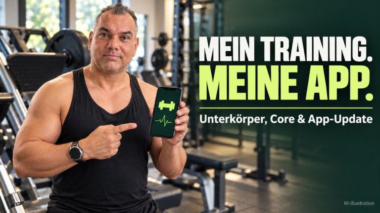 KI-Illustration: Sammy Zimmermanns im Fitnessstudio mit Smartphone und grünem Hantel-Symbol – Mein Training. Meine App.