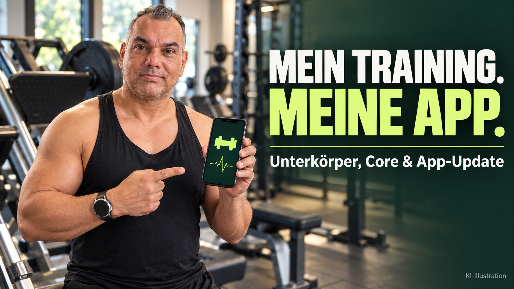 KI-Illustration: Sammy Zimmermanns im Fitnessstudio mit Smartphone und grünem Hantel-Symbol; Titel Mein Training. Meine App.